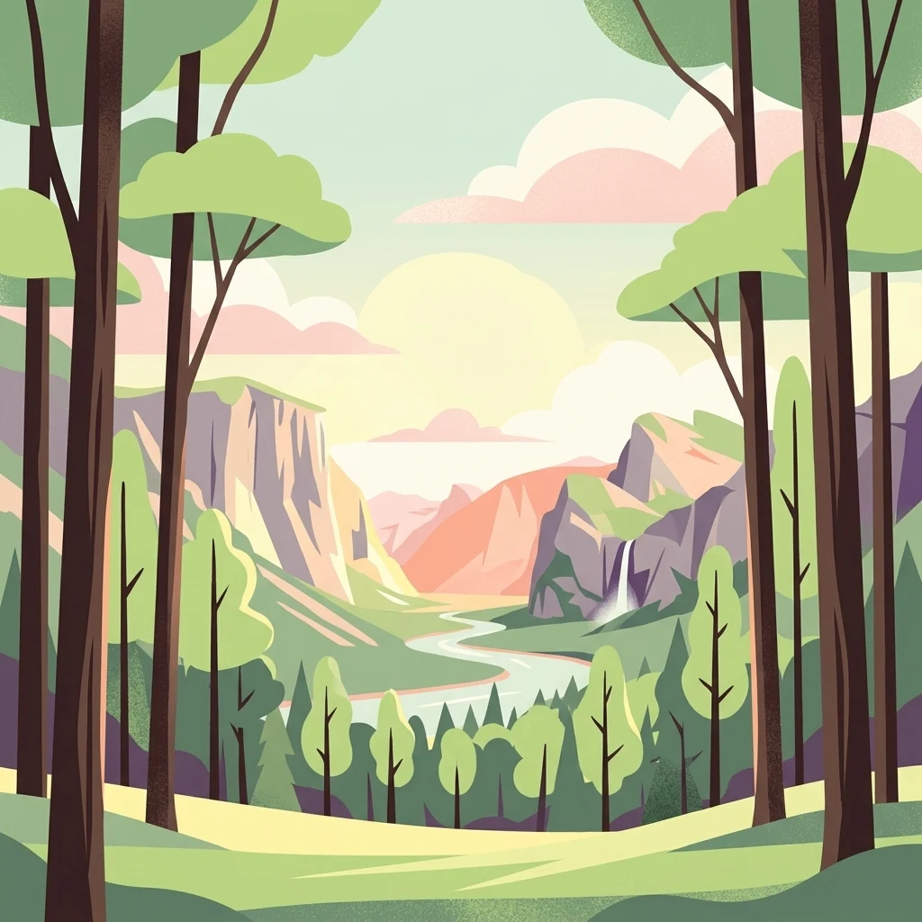 A flat-style digital illustration showing a mountain valley viewed through a frame of tall trees in the foreground, with a winding river and a small waterfall on a rocky cliff in the distance under a soft, light-filled sky.