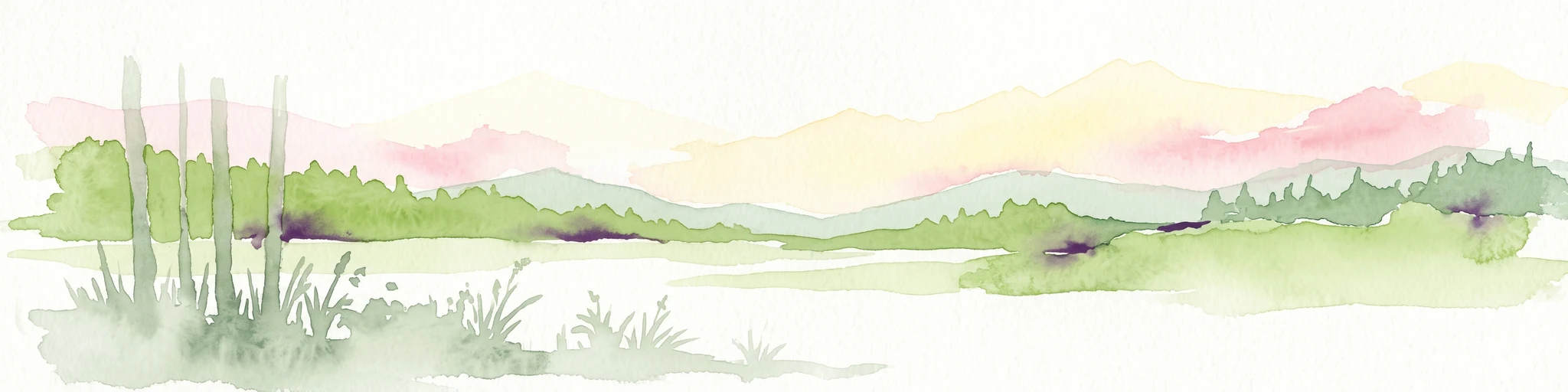 Watercolor painting of a tranquil marshland scene with reeds in the foreground, rolling green hills, and a pale sky.