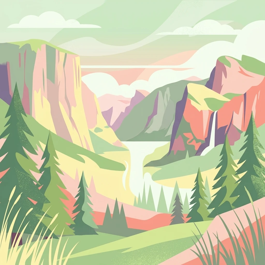 Una ilustración digital en un estilo minimalista y plano que representa una escena de valle montañoso con acantilados rocosos altos, una cascada a la derecha, árboles coníferos y hierba alta en primer plano.