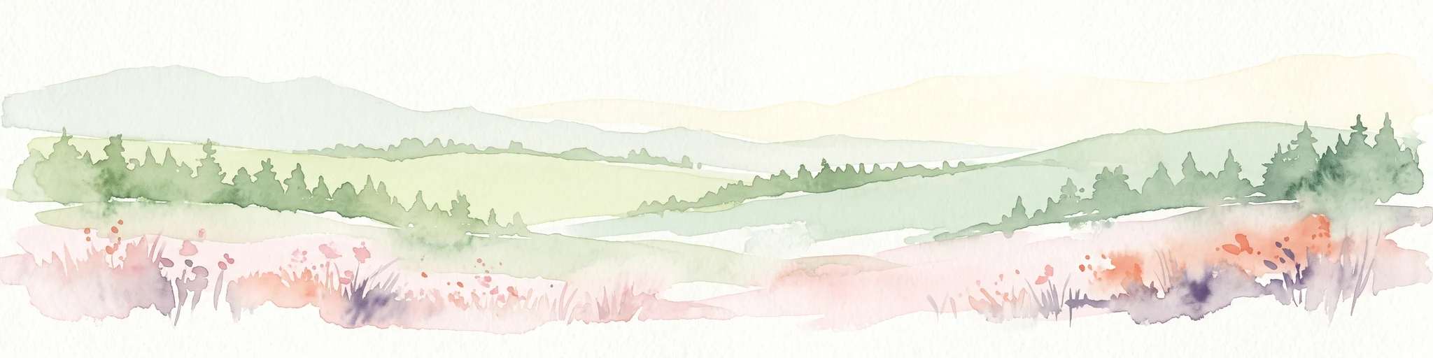 Watercolor painting of a rolling rural landscape with soft green hills, forest patches, and a foreground of wildflowers, presented in a wide panorama style.
