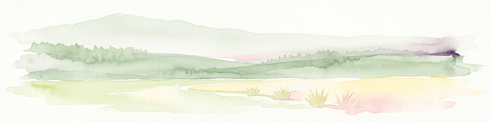 A soft, abstract watercolor painting showing rolling green hills, distant mountains, and a field under a white sky.