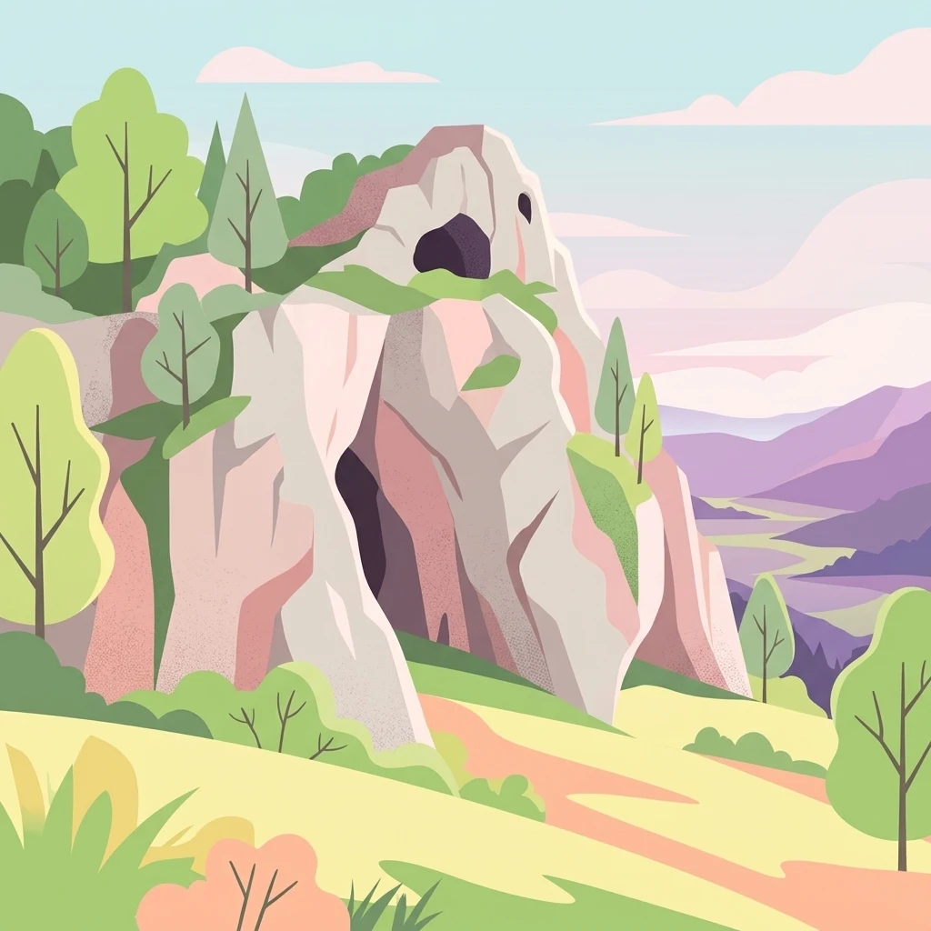 A stylized digital illustration showing a light-colored limestone rock outcrop with cave openings, surrounded by green trees and meadows, with rolling purple hills in the distance.