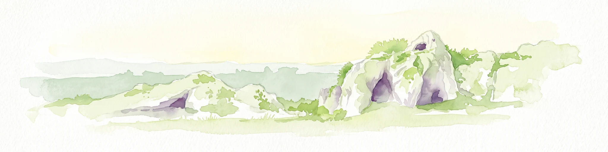 Watercolor painting of pale limestone rock formations with small cave openings and green vegetation on a soft, light background.