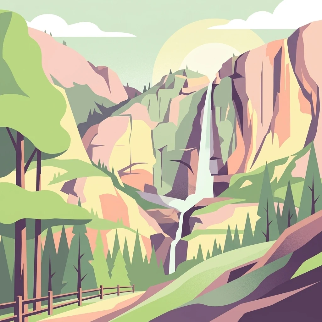 Una ilustración digital que muestra una cascada vertical que cae por acantilados rocosos, enmarcada por árboles de hoja perenne y una valla de madera rústica en primer plano.