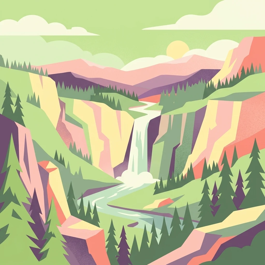A stylized vector illustration showing a waterfall cascading into a river within a deep valley, surrounded by coniferous forests and distant mountain peaks in soft pastel colors.