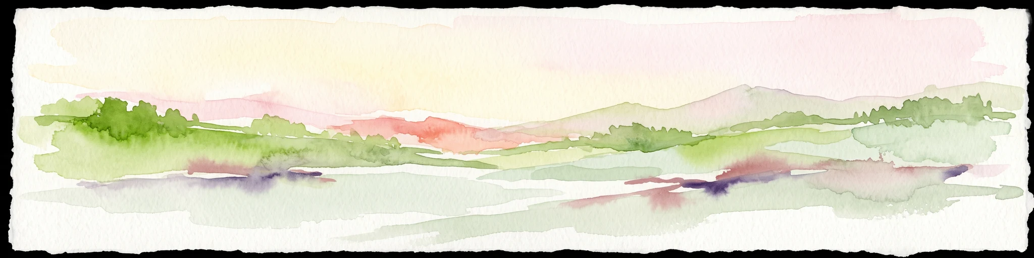 A soft watercolor painting depicting a calm shoreline with rolling hills and trees in the distance.