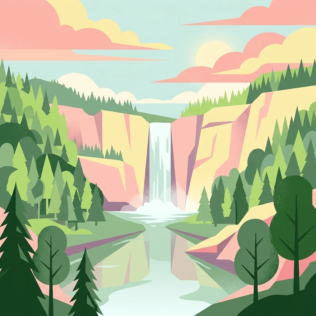 Stylized vector illustration of a central waterfall flowing into a river, surrounded by pine forests, steep cliffs, and soft pink and yellow clouds.
