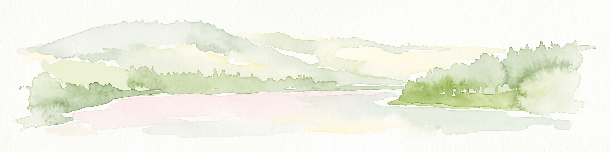 A soft watercolor painting of a river flowing through a hilly, forested landscape with light green and pastel tones.