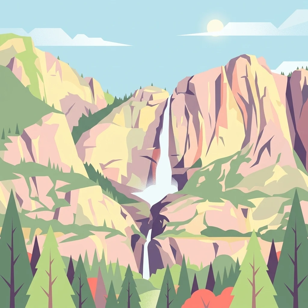 A flat, stylized graphic illustration of a tiered waterfall cascading down between steep, rocky mountain cliffs, with evergreen trees in the foreground.
