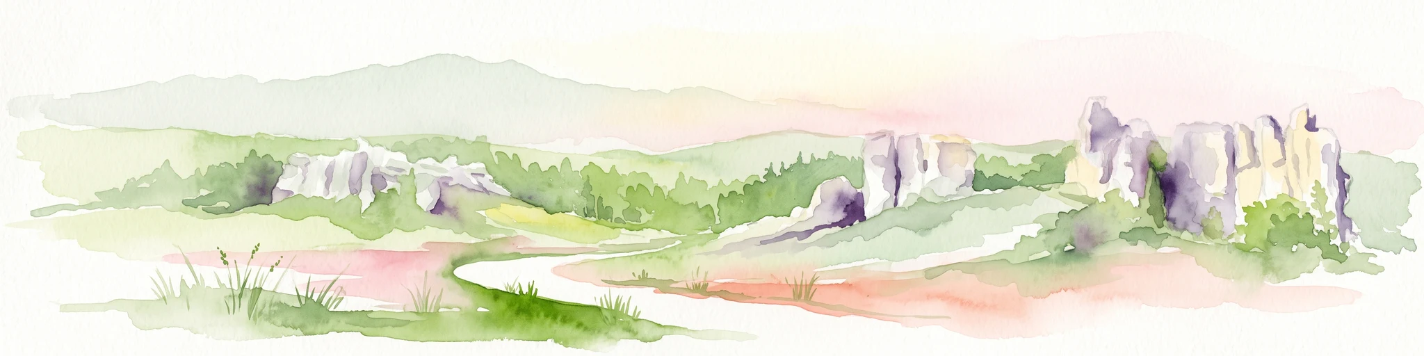 A soft watercolor painting of a rolling landscape featuring light-colored limestone cliffs, green hills, and a winding path, rendered in pale pastel tones.