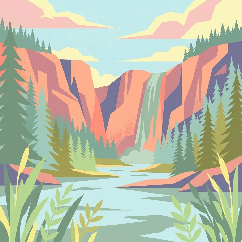 A graphic illustration showing a river flowing through a canyon with a waterfall on the right, pine trees on the banks, and cattails in the foreground.