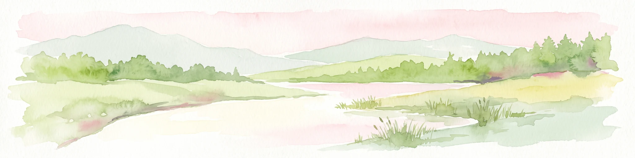 A horizontal watercolor painting depicting a wide river flowing through a lush landscape with distant rolling hills and a soft pink sky.