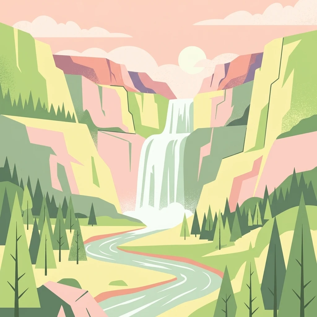 A flat, stylized digital illustration of a cascading waterfall pouring down rocky cliffs into a winding river, surrounded by pine trees and soft pastel-colored clouds.