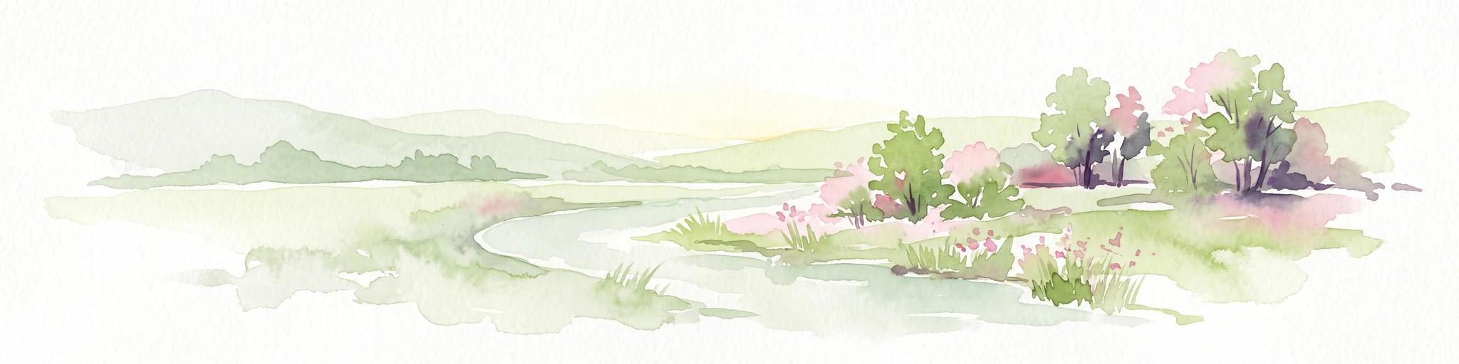 Watercolor illustration showing a winding river through a soft, green wetland landscape with distant rolling hills and scattered trees.