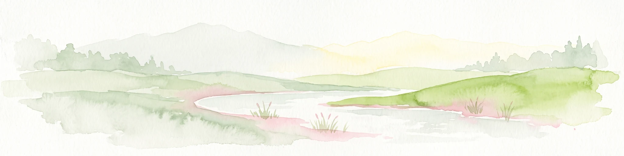 A pale, minimalist watercolor painting of a landscape with soft green hills, distant faded mountains, and a small, calm pool of water in the foreground.
