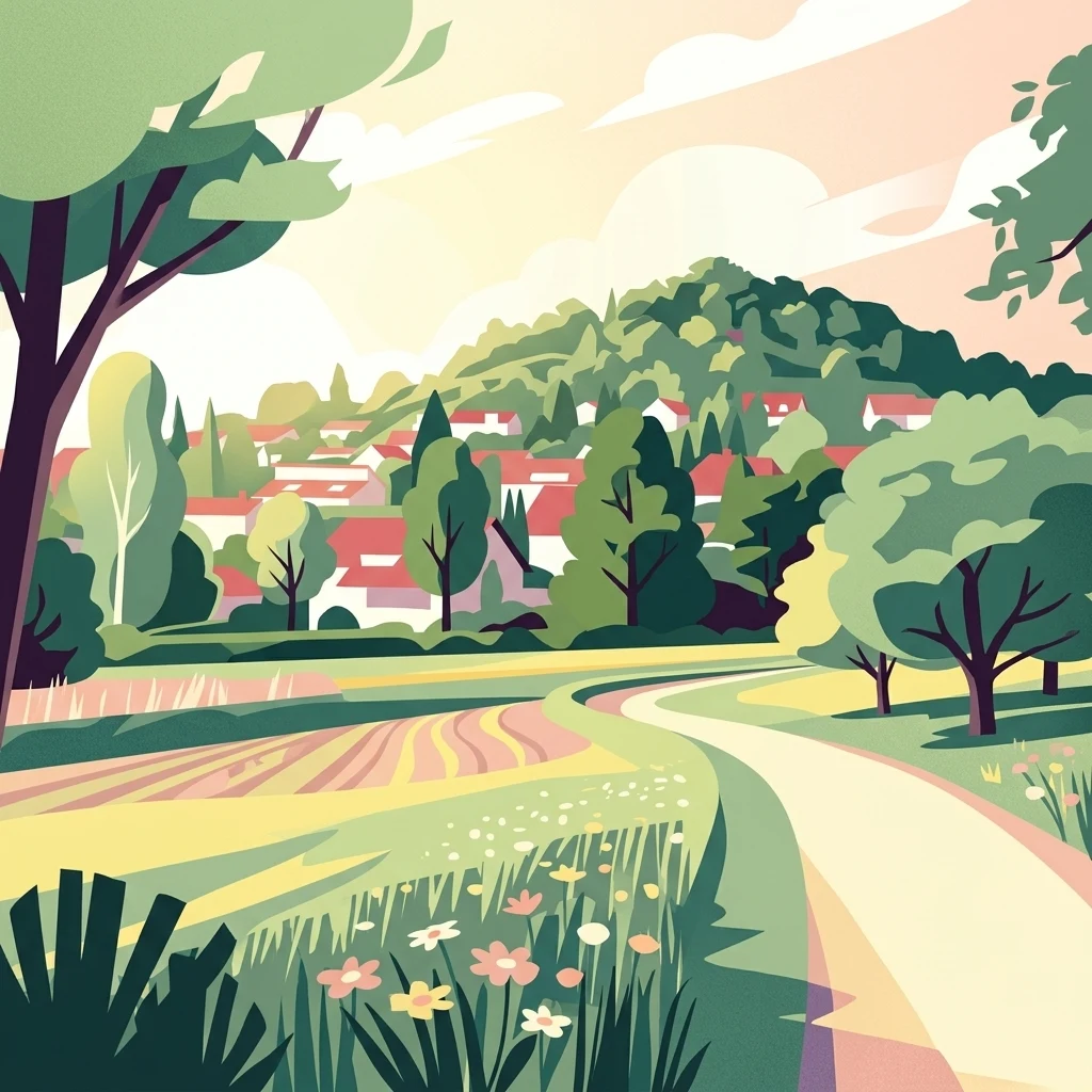 Una ilustración digital estilizada de una colina verde, Ottilienberg, con un pequeño pueblo asentado en su base, rodeado de campos y árboles bajo un cielo suave y dorado.