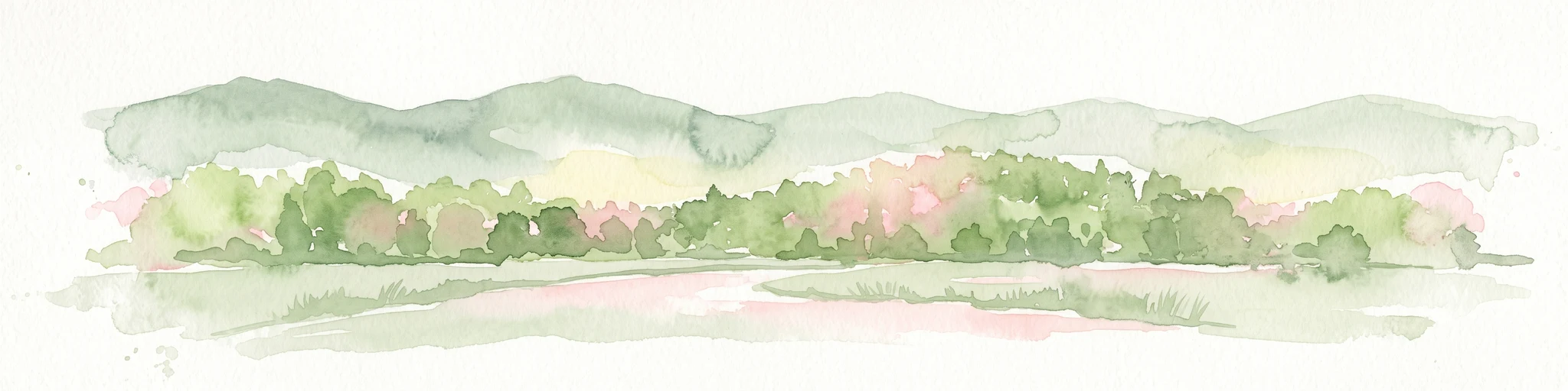 A horizontal watercolor painting showing soft, rounded green hills and a treeline against a pale background.
