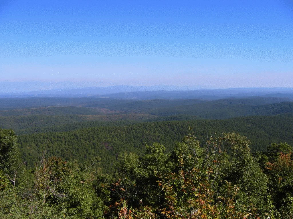 A wide-angle landscape shot overlooking rolling, tree-covered mountain ridges under a clear blue sky, seen from an elevated vantage point.