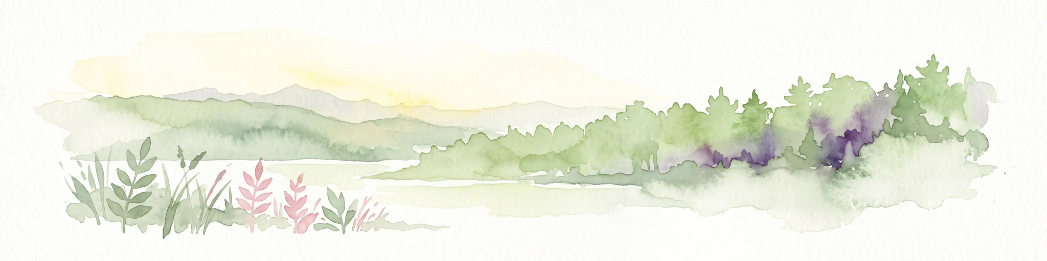 Watercolor painting of a forested landscape with soft rolling mountains in the background and vegetation in the foreground.