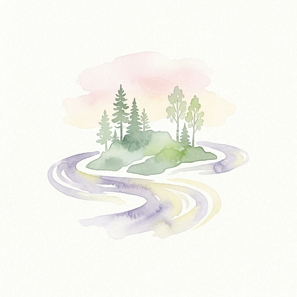 Ilustración en acuarela de un río sinuoso que fluye junto a una pequeña isla con árboles de coníferas y caducifolios bajo un cielo suave de color rosa y amarillo.