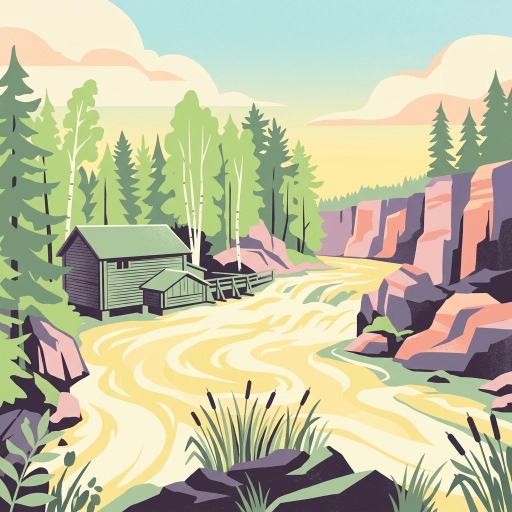 Ilustración de un río que fluye a través de un paisaje boscoso con una cabaña de madera, acantilados rocosos y árboles altos bajo un cielo despejado