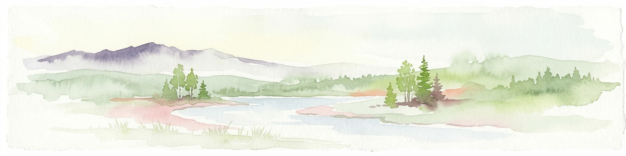Ilustración acuarela de un río fluyendo a través de un paisaje boscoso con montañas al fondo