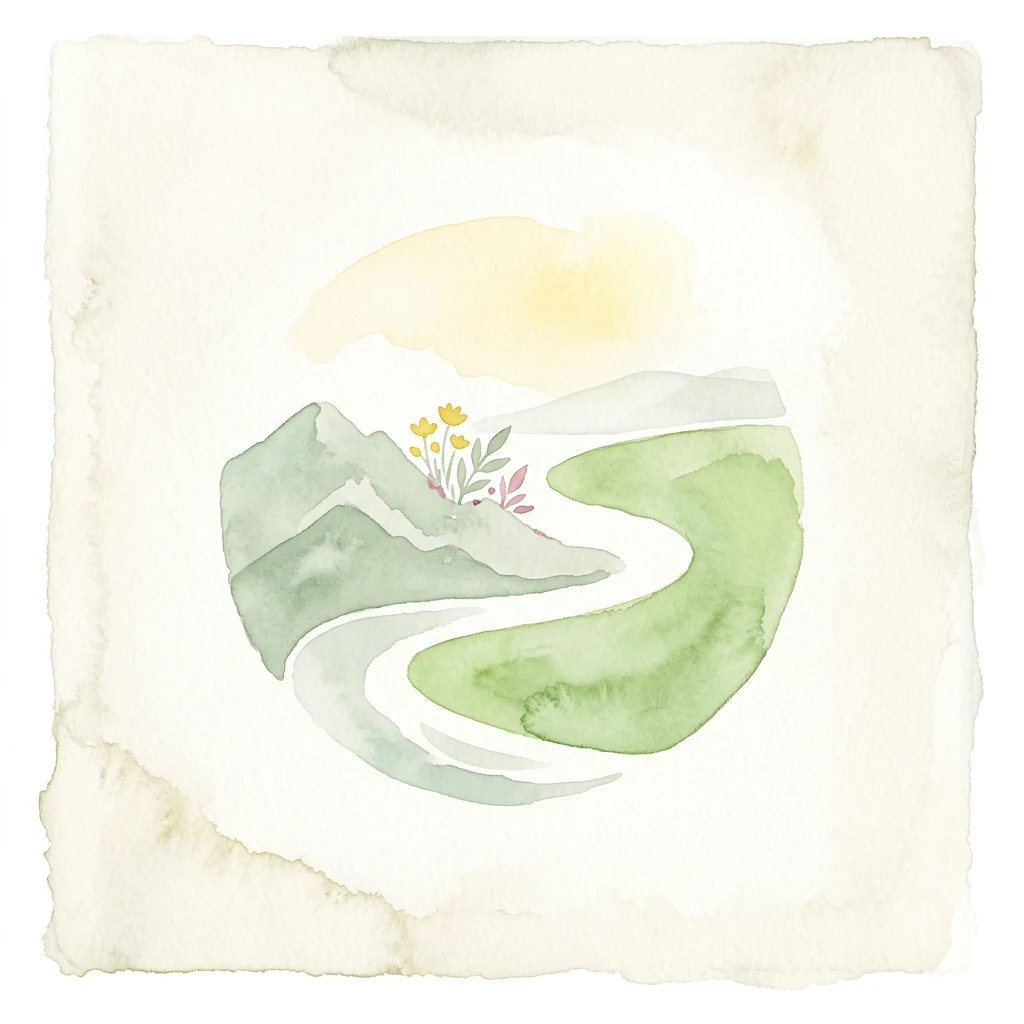 Watercolor illustration of a winding river through green mountains with yellow flowers under a yellow sky