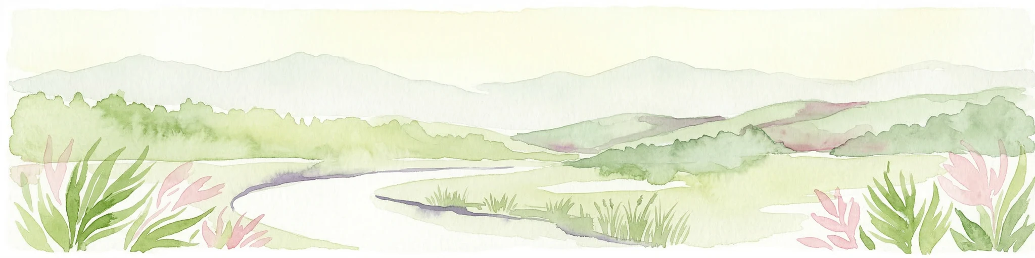 Ilustración acuarela de un río que fluye a través de un valle con montañas, vegetación y flores rosas
