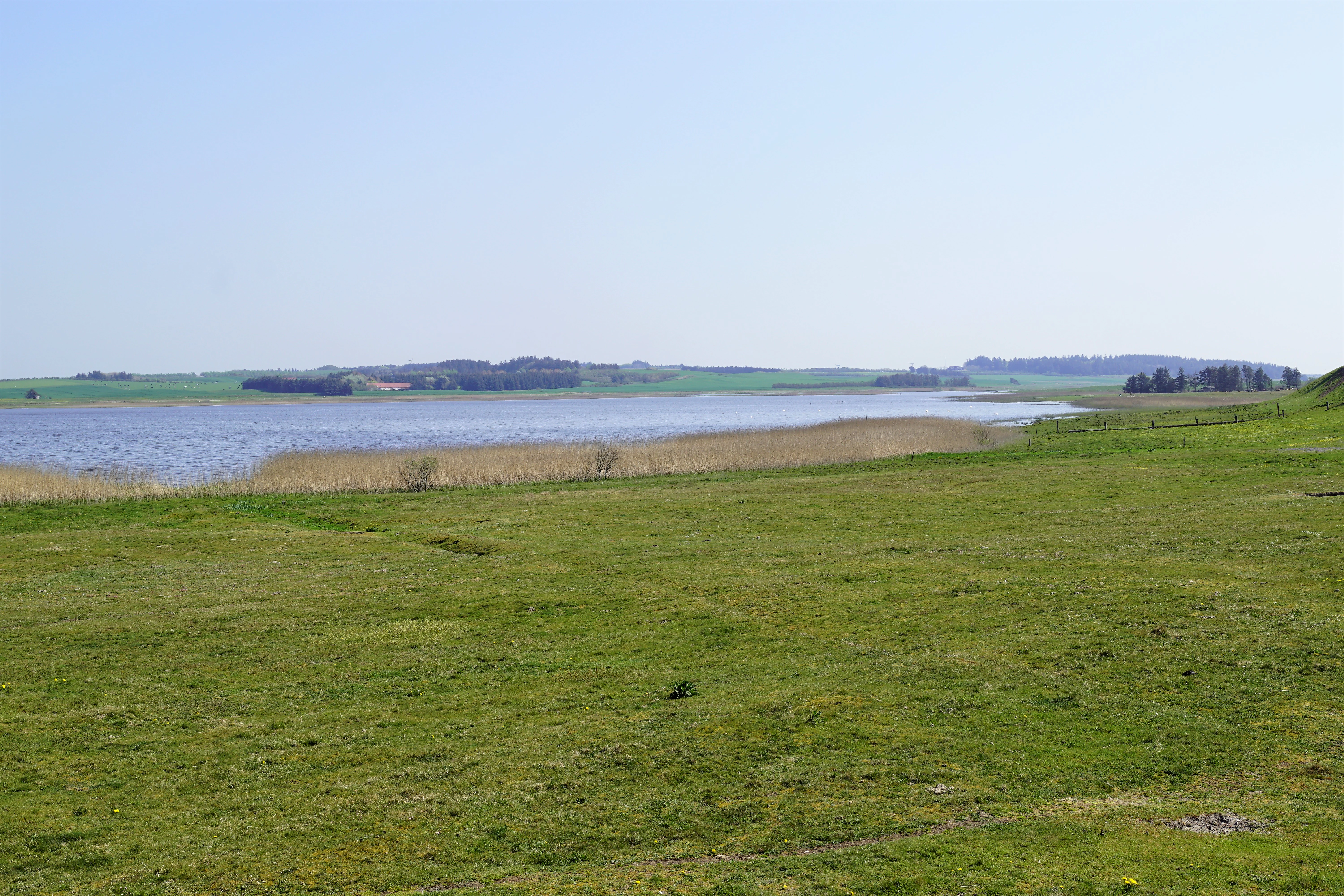 A wide, eye-level landscape view of Ove Sø, a shallow lake in Denmark, with a green grassy foreground and rolling hills in the background.