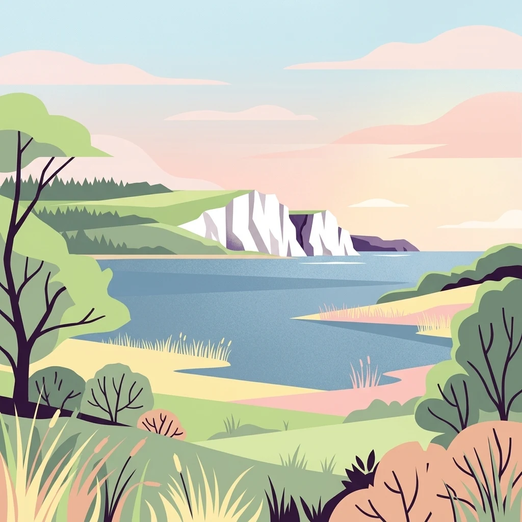 A flat-style digital illustration of a serene lake bordered by green hills, low shrubs, and white rocky cliffs under a soft, pastel-colored sky.