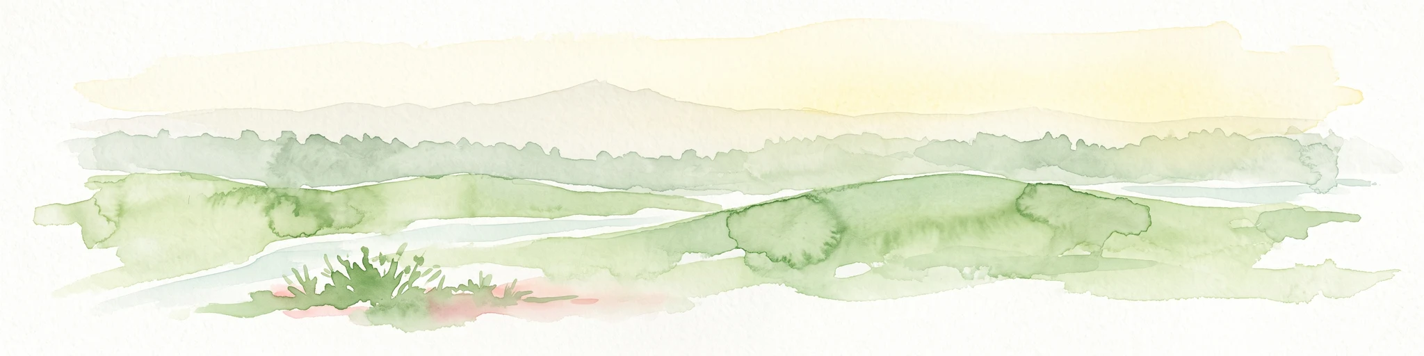 Una ilustración pálida en acuarela de un paisaje que muestra colinas onduladas y prados verdes bajo un cielo amarillo suave.