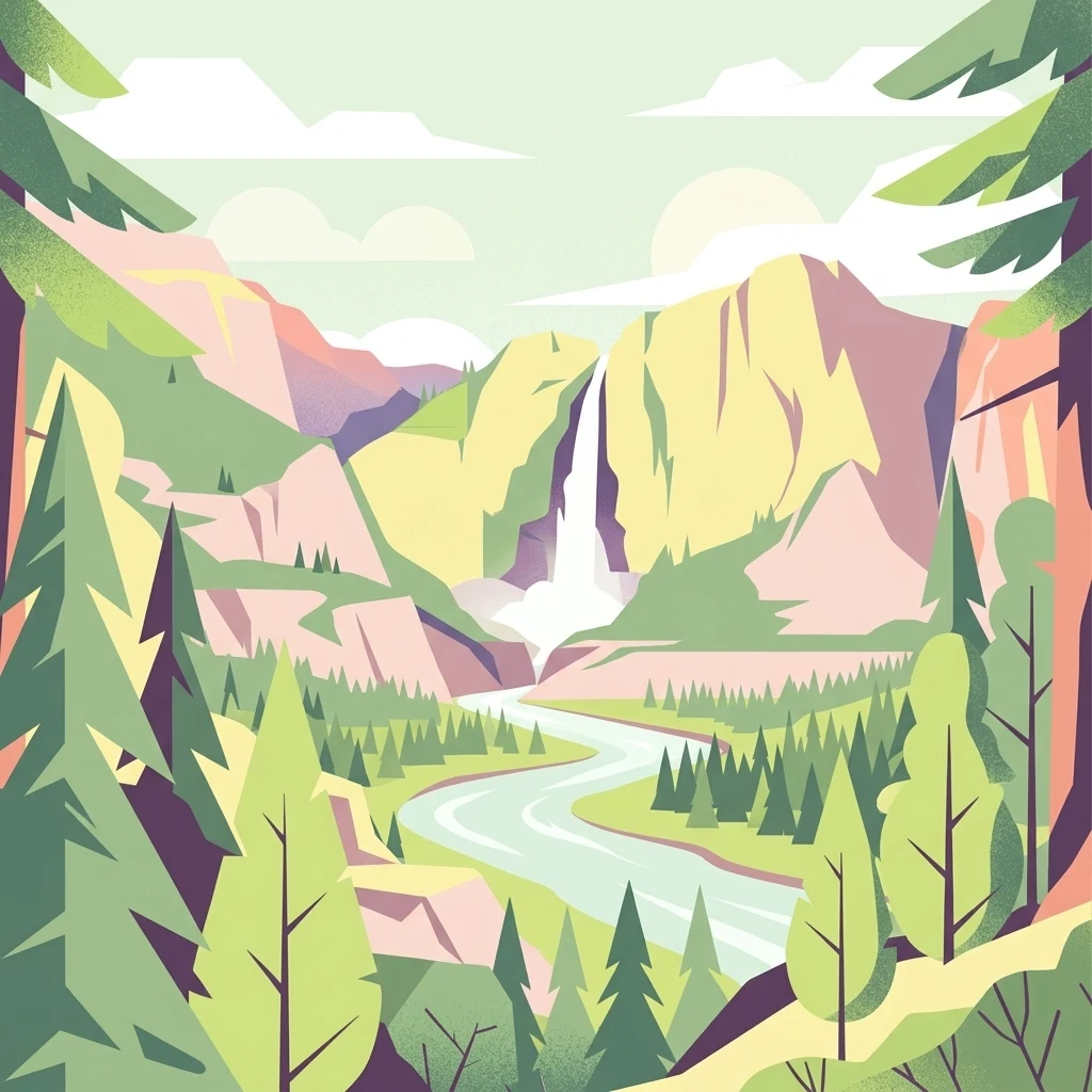 Una ilustración gráfica que representa un valle con un río en primer plano, una cascada que cae por un acantilado en la distancia y árboles coníferos que enmarcan los lados.