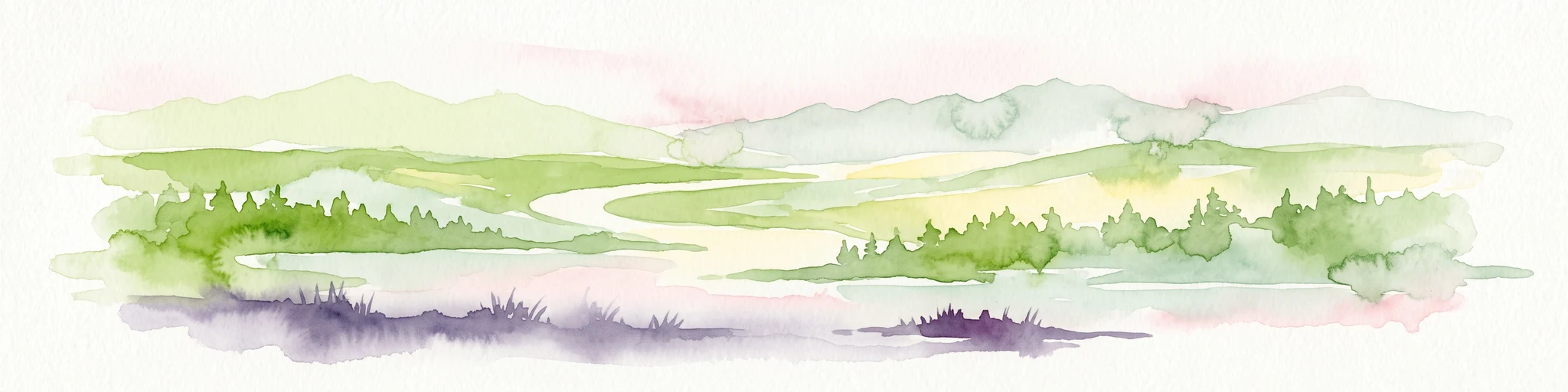 A watercolor painting showing a panoramic view of a river winding through a green taiga forest with distant mountains in the background.