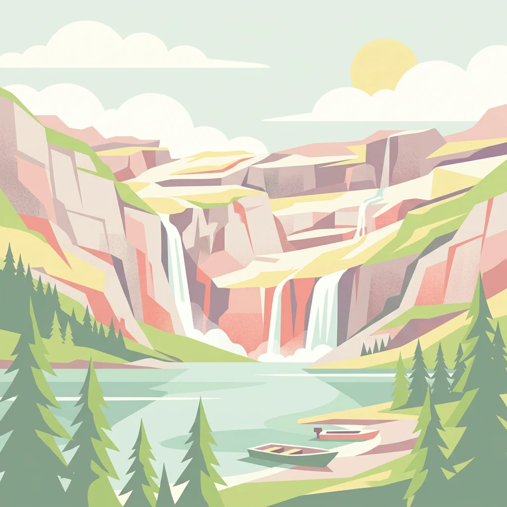 Ilustración estilizada de acantilados rocosos con cascadas, un lago, árboles de hoja perenne y un pequeño bote en la orilla