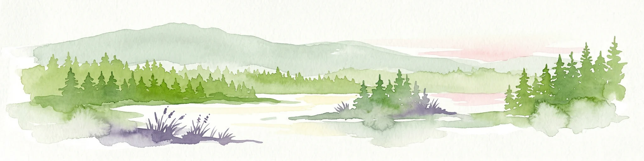 Ilustración en acuarela de un paisaje con lago, árboles y colinas