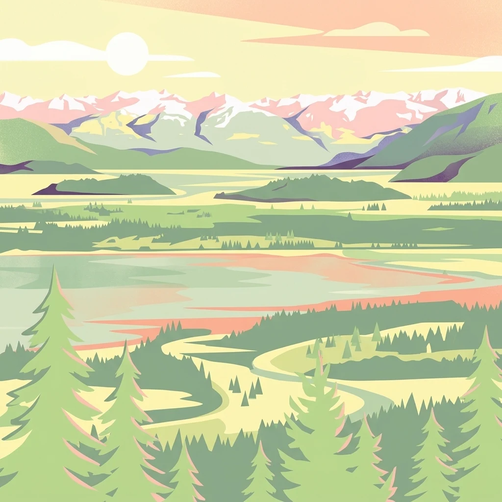 A stylized digital illustration of a scenic estuarine landscape featuring pine trees in the foreground, calm tidal waters, marshlands, and snow-capped mountains under a soft-toned sunset sky.