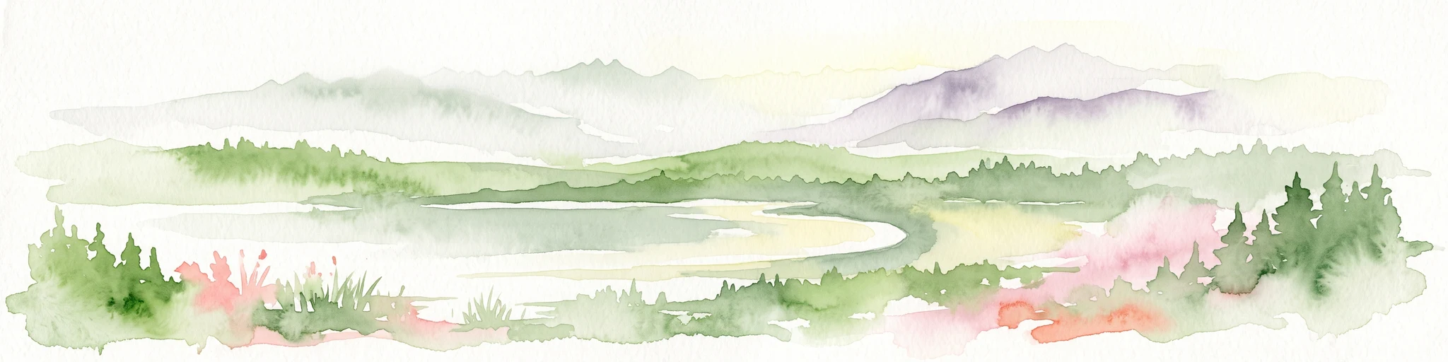 A horizontal watercolor painting depicting a calm coastal inlet, surrounded by green hills, coniferous trees, and distant soft mountain silhouettes.
