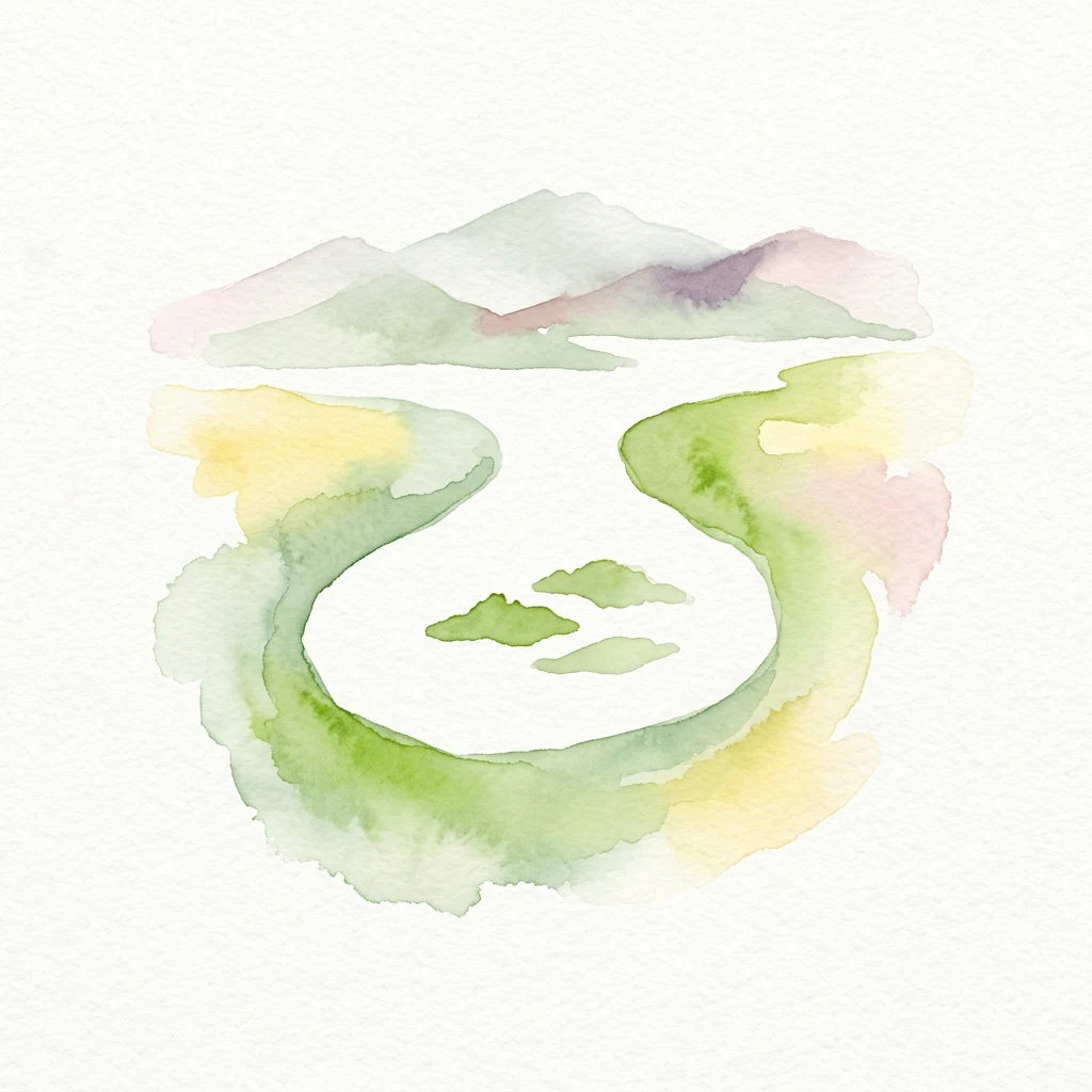 Watercolor illustration showing mountains in the background, a lake or body of water in the middle, and landmasses within the water