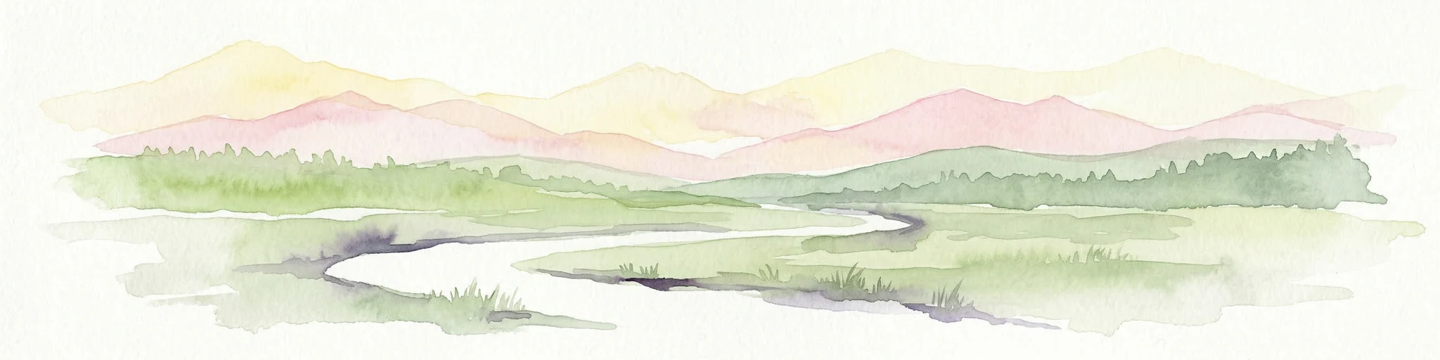 Ilustración en acuarela de un río sinuoso a través de un paisaje verde con montañas distantes