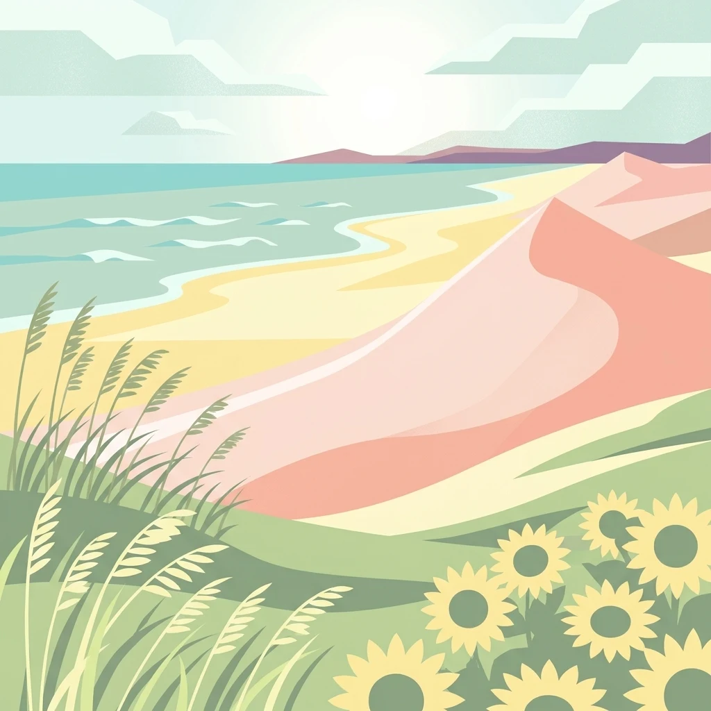 Una ilustración digital estilizada de una playa arenosa con dunas onduladas, hierbas costeras y girasoles bajo un sol suave, que refleja el entorno del Padre Island National Seashore.