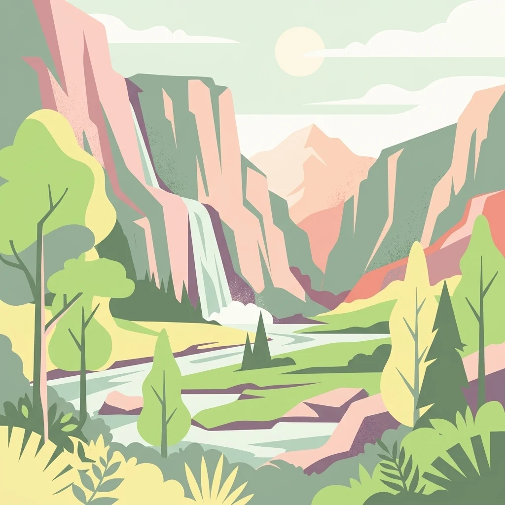 A flat, vector-style illustration of a mountain valley scene with a cascading waterfall, a winding river, and stylized trees under a soft sun.