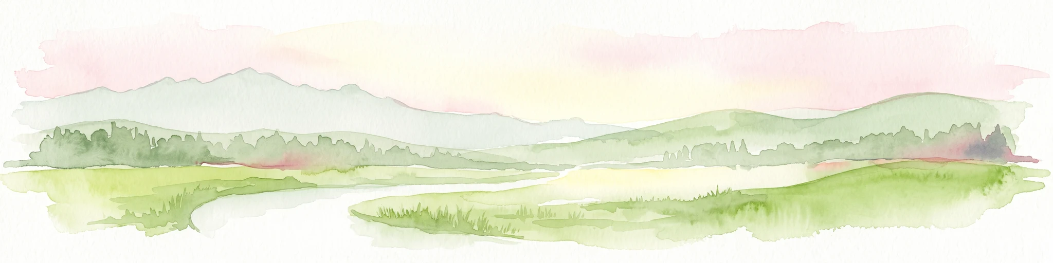 Watercolor painting of a green valley with a winding river and forested hills against a pale, soft-toned sky.