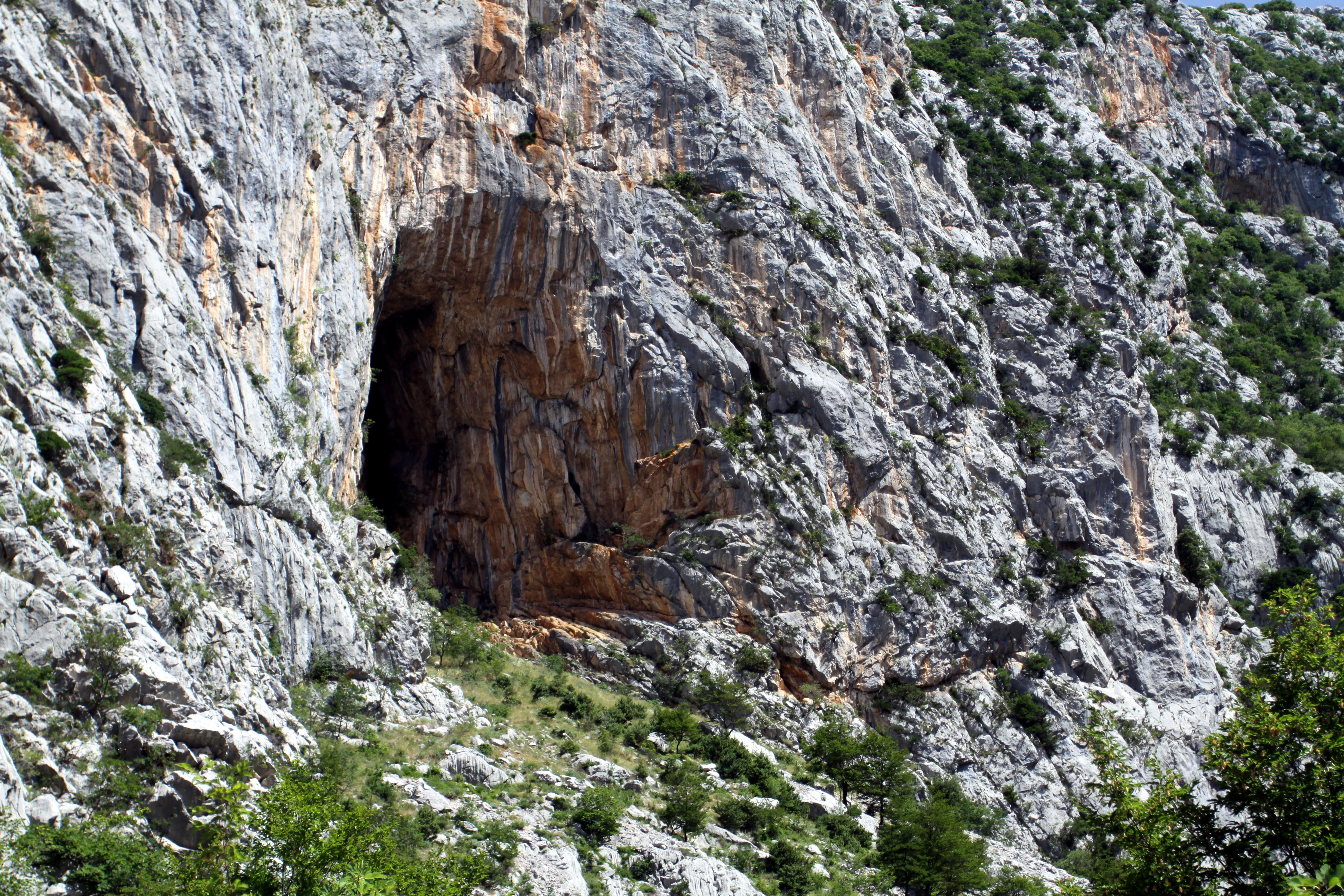 A rocky mountain cliff with a large cave opening, surrounded by sparse vegetation and greenery