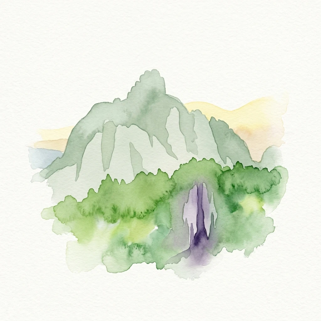 Watercolor painting of green mountains with a canyon and trees