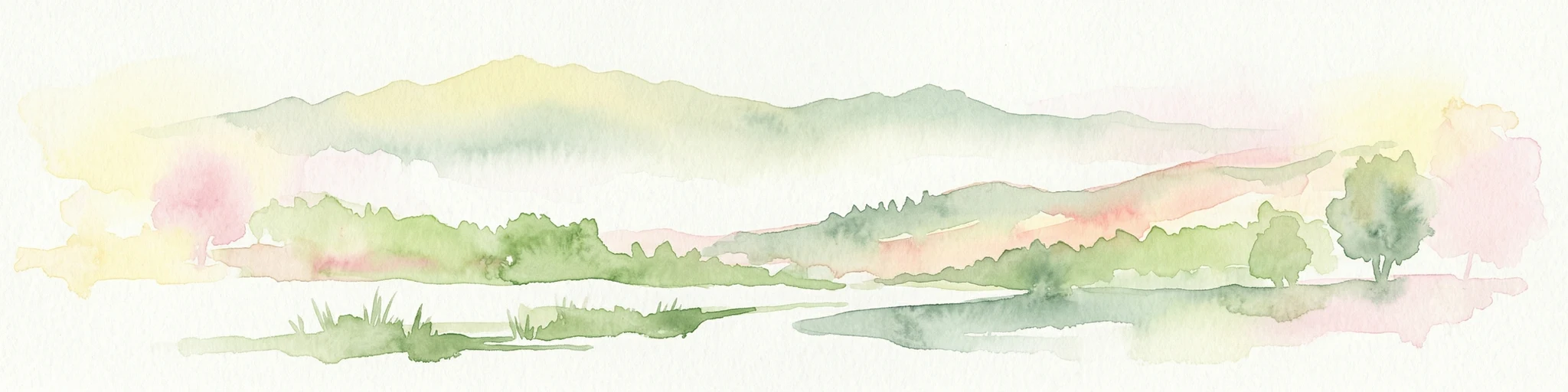 Ilustración acuarela de un paisaje de montaña con árboles y agua