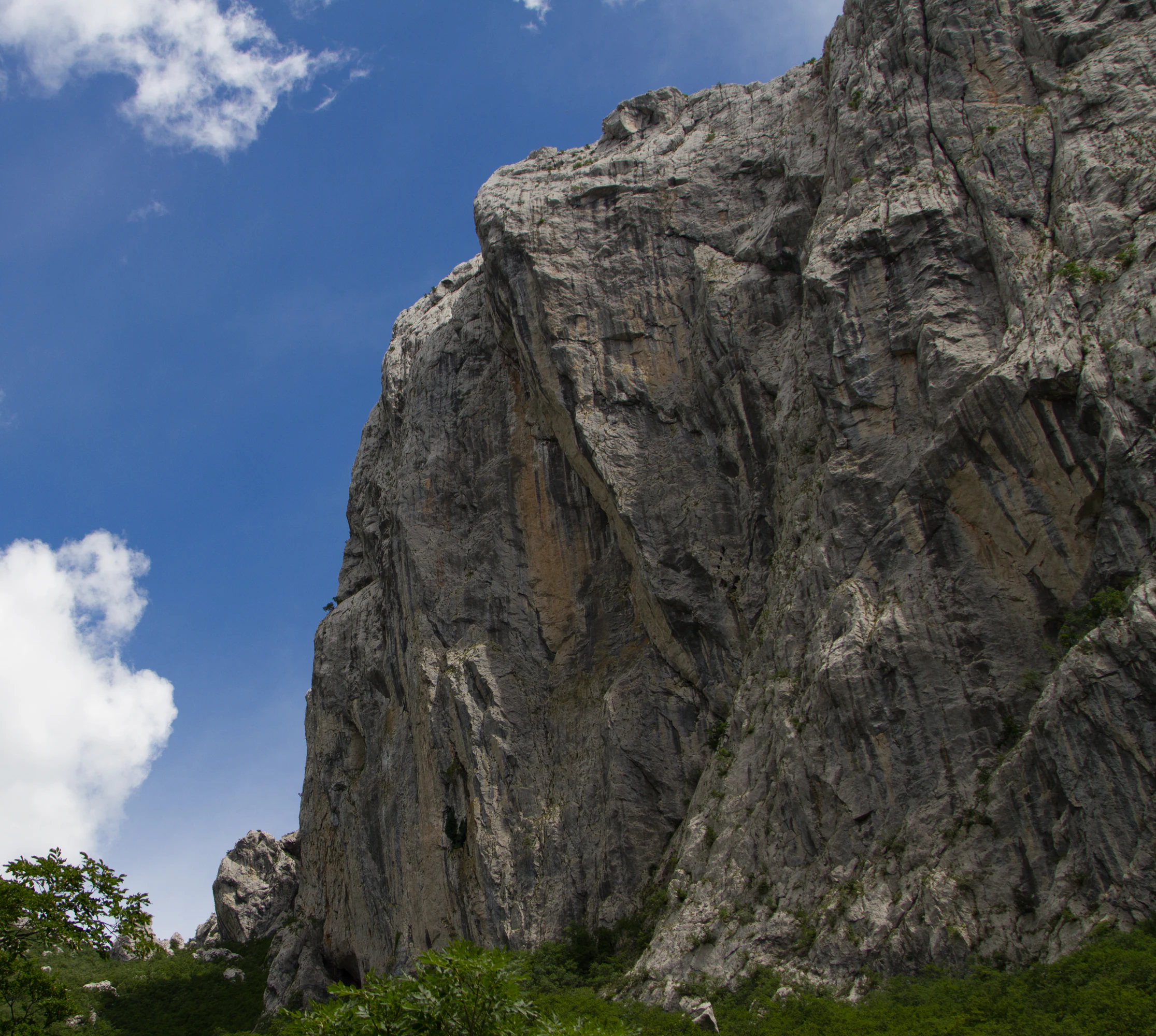 Large gray rock cliff face with visible striations and cracks under a blue sky with white clouds. Sparse green vegetation visible at the base of the cliff.