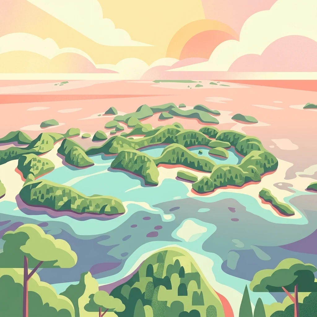 Una ilustración estilizada de islas rocosas cubiertas de árboles que emergen de un océano azul y tranquilo bajo un cielo al atardecer.