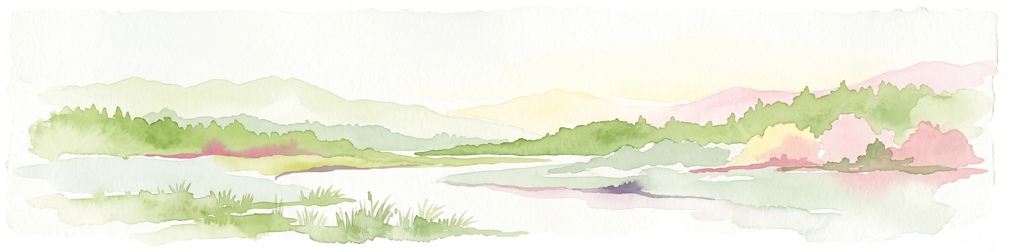 A horizontal watercolor painting depicting a soft-toned river landscape with distant hills, gentle foliage in shades of green and pink, and marshy banks.