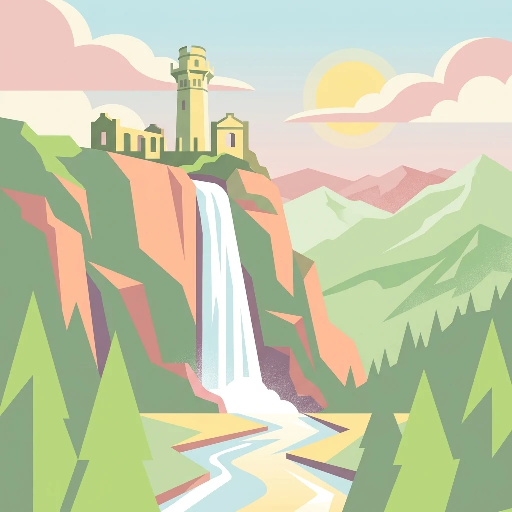 A flat, stylized digital illustration of a lighthouse on top of a rocky cliff with a waterfall flowing down into a river, surrounded by trees and mountains under a pastel sky.