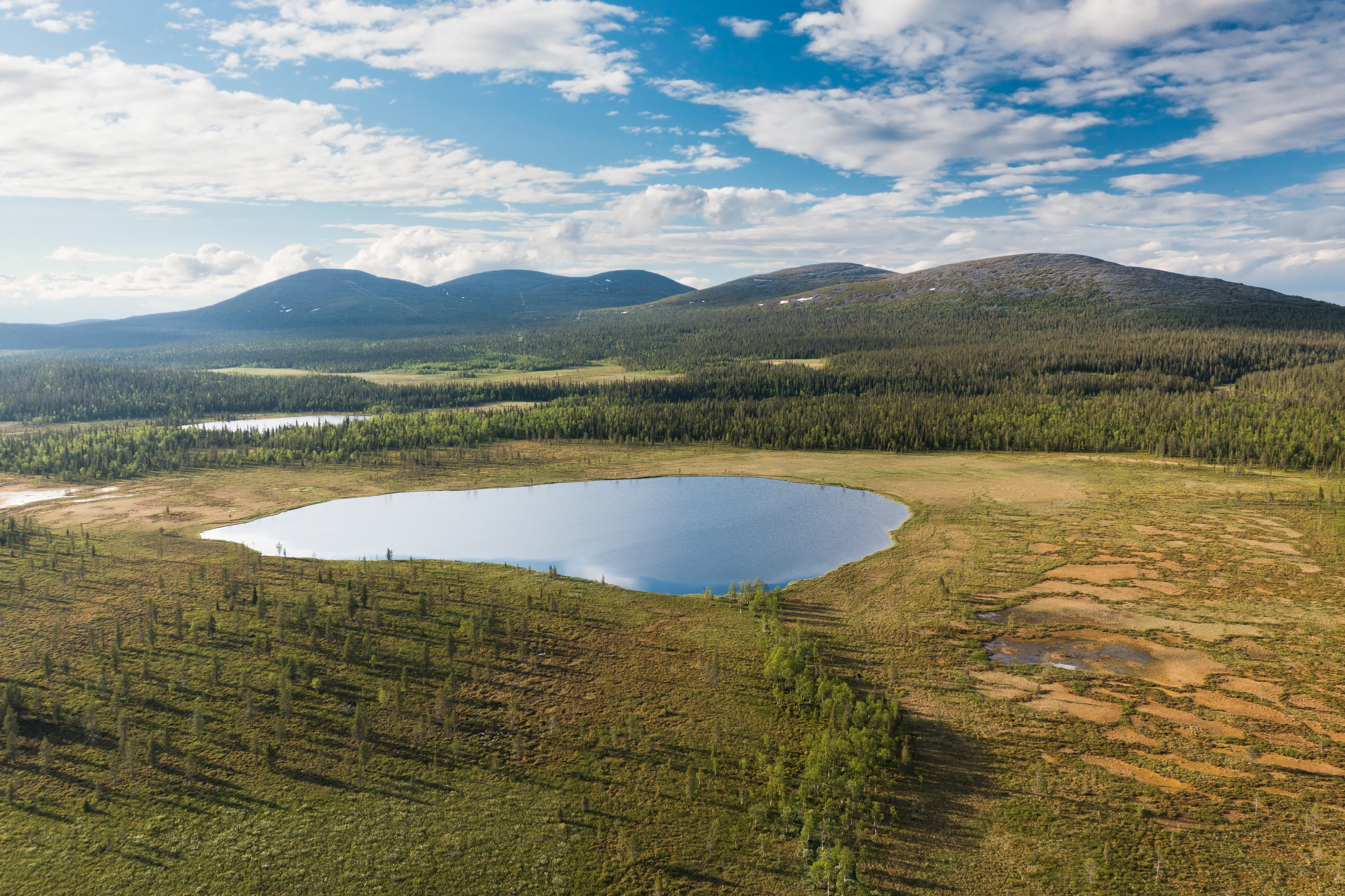 Aerial view showing a large lake surrounded by grassy plains and forests with mountains in the background under a partly cloudy sky.